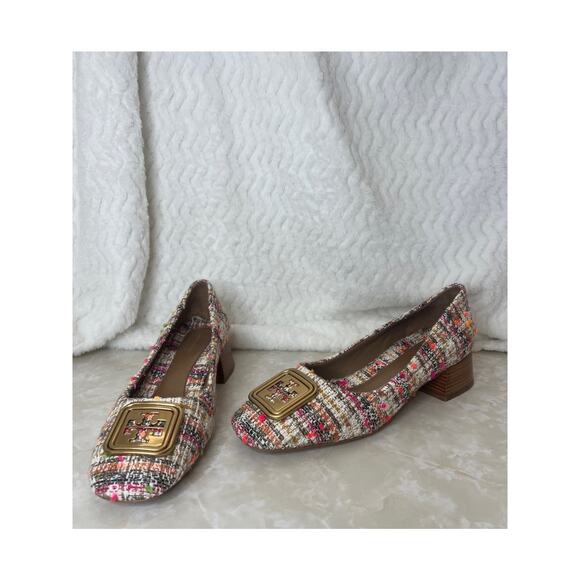 Tory Burch Pink Cream Gold Tweed Wooden Block Heel Georgia Pump Womens 7 US - Picture 2 of 14